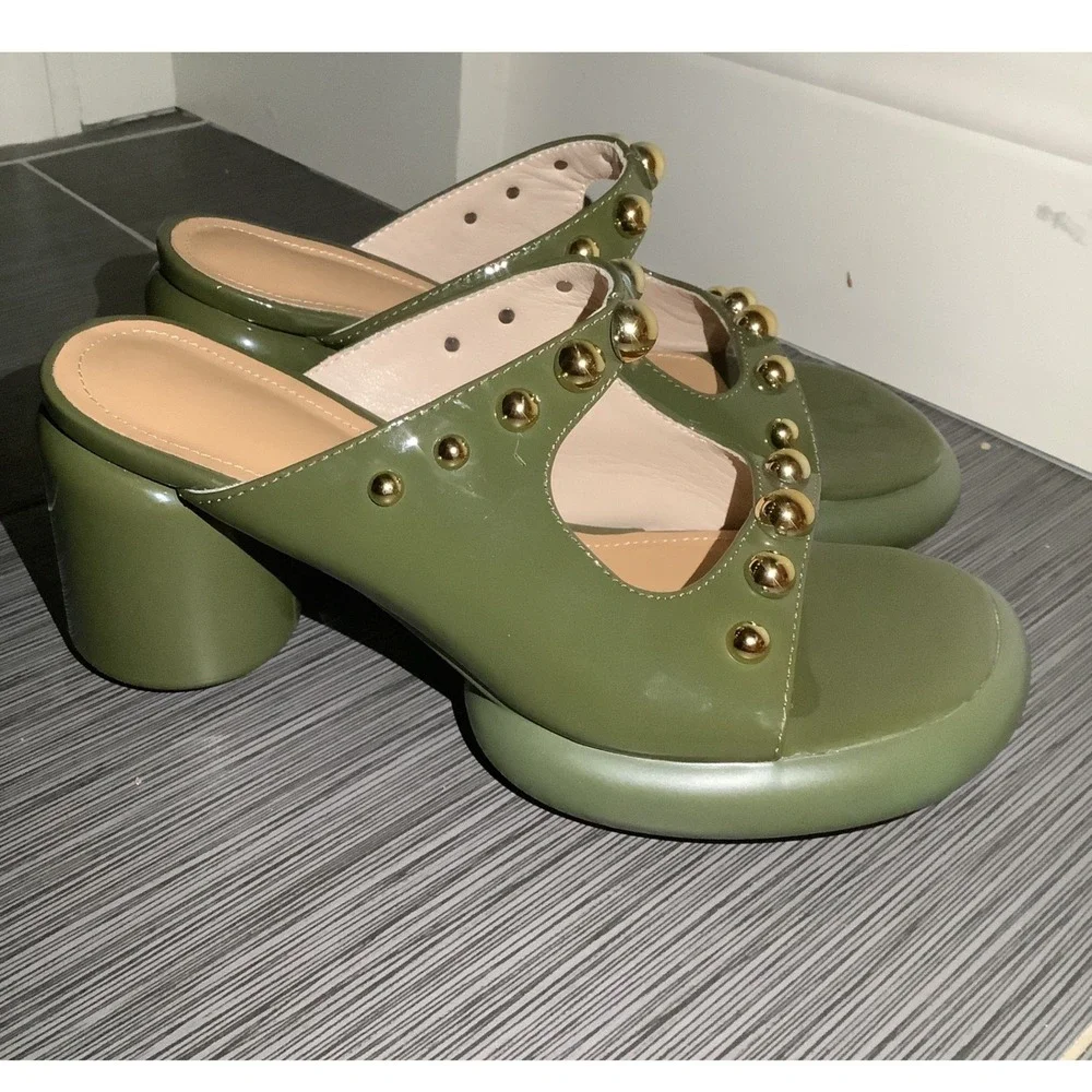 Olive Green Patent Studded Platform Mules Chunky Cylinder Heel Sandals Size 7.5